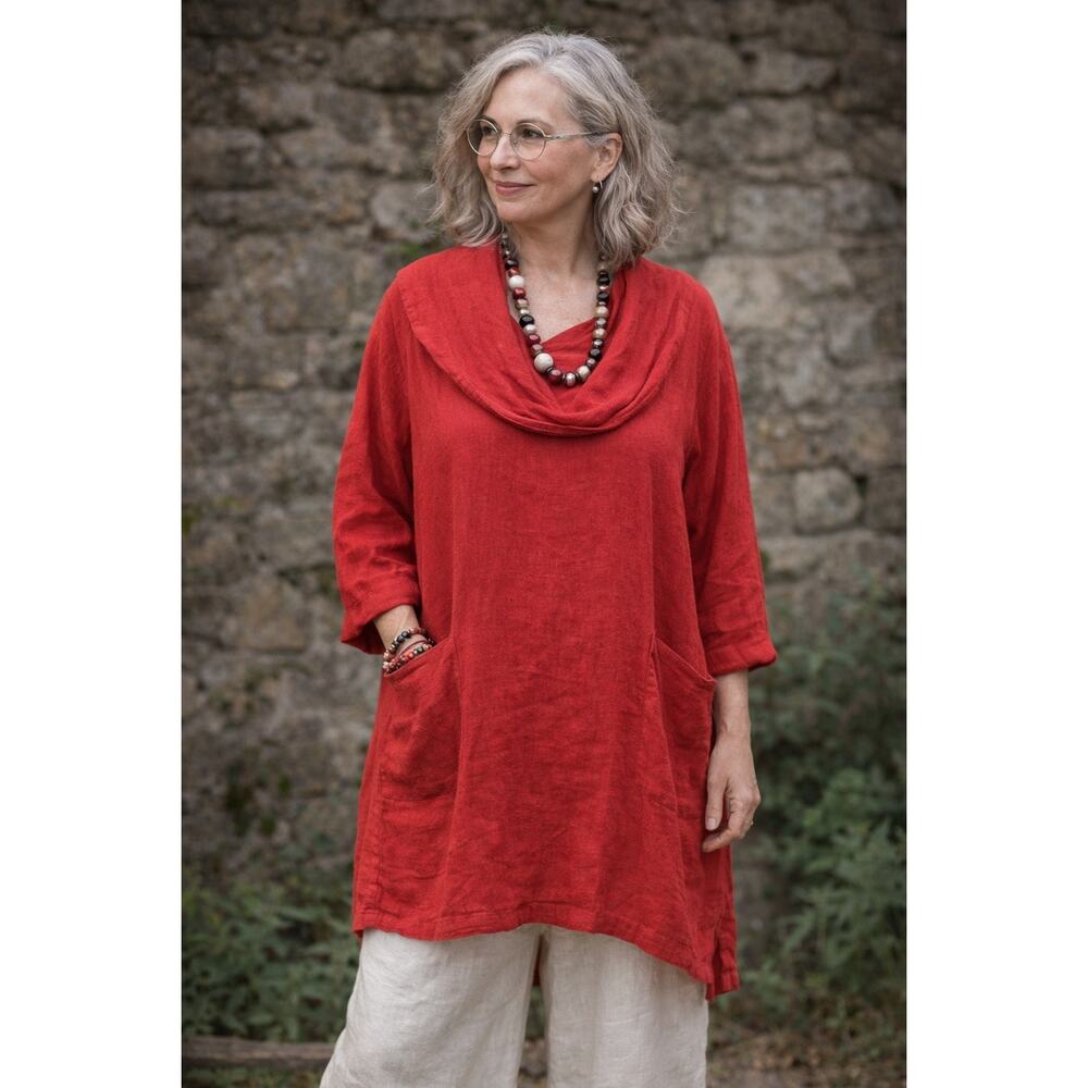 Match Point Linen Medium Cowl Neck Tunic Two Pockets Red Linen Women's USA